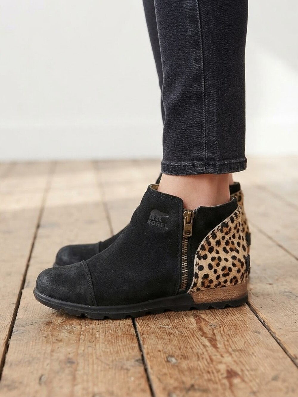 Sorel Black Suede Ankle Boot with Leopard Heel Accent